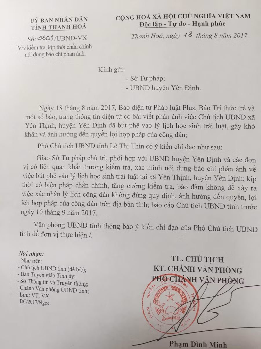 Văn bản chỉ đạo của UBND tỉnh Thanh Hóa về việc xác minh việc bút phê vào sơ yếu lý lịch của học sinh trái luật.