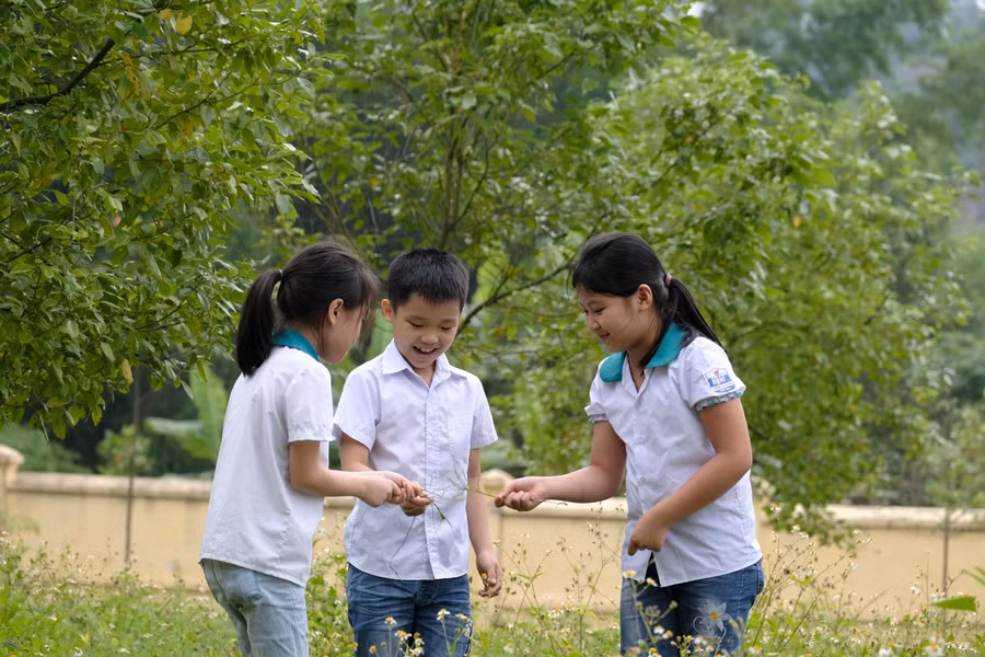 Các em học sinh đến tham quan và vui chơi bên những cây xanh do “Quỹ 1 triệu cây xanh cho Việt Nam” trồng tặng tại khu di tích lịch sử Nà Tu, Bắc Kạn.