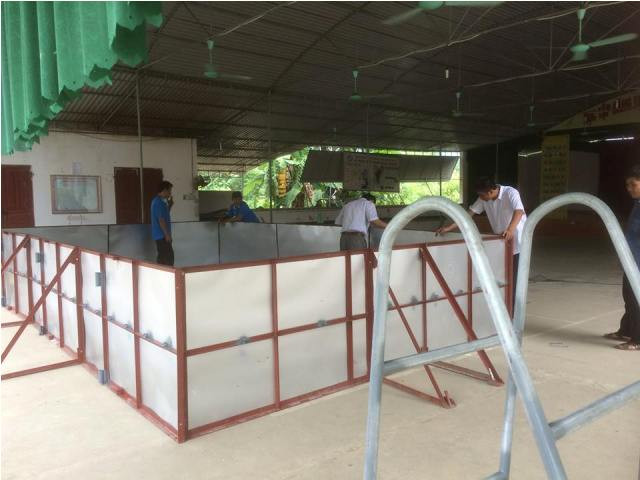 Các thầy cô dựng lắp bể bơi thử nghiệm Các thầy cô dựng lắp bể bơi thử nghiệm