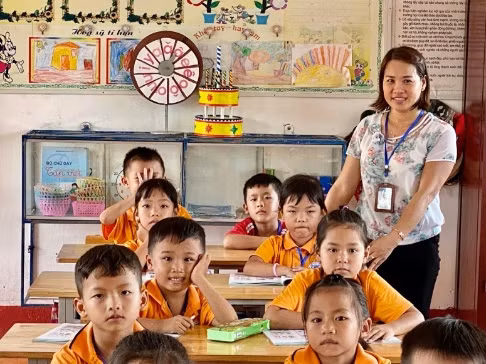  Cô Nguyễn Thị Vân Anh (Trường Tiểu học Trực Đại, Trực Ninh, Nam Định) dùng TBDH tự làm bằng bìa giúp HS nhận biết chữ cái (treo cuối lớp). Ảnh: An Nhiên