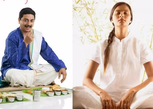 Ngồi trên sàn ăn là một tư thế yoga, giúp xoa bóp các cơ bụng. Ảnh: Recipes.timesofindia