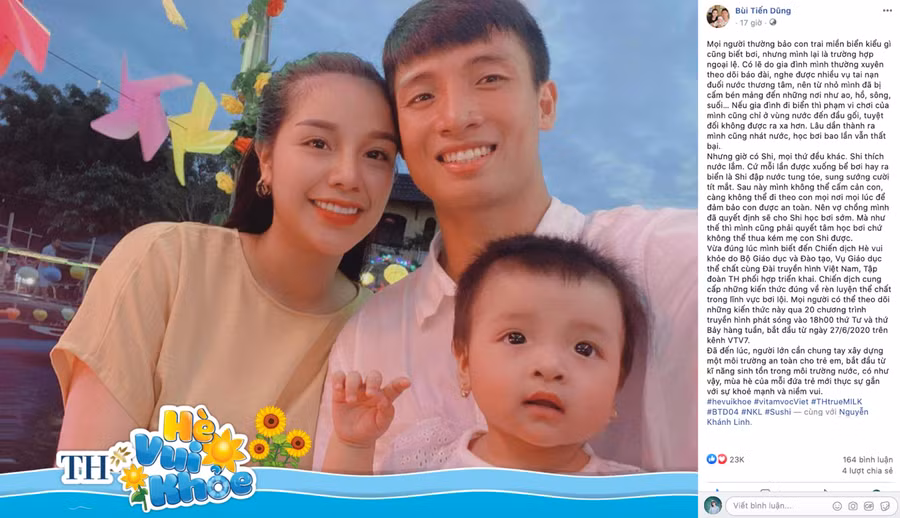 Tiền vệ Bùi Tiến Dũng chia sẻ suy nghĩ về vấn đề bơi an toàn trên trang cá nhân