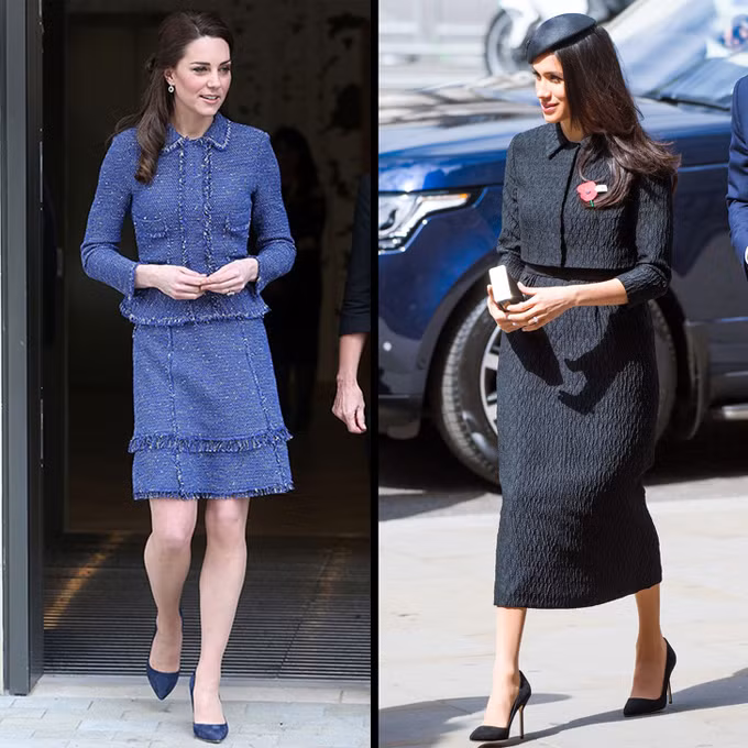 Bộ suit kiểu dáng đa dạngNhững bộ suit luôn đem tới cho người mặc hình ảnh sang trọng. Công nương Kate sở hữu nhiều mẫu suit khác nhau, và Meghan cũng bắt đầu kết thân với loại trang phục này.