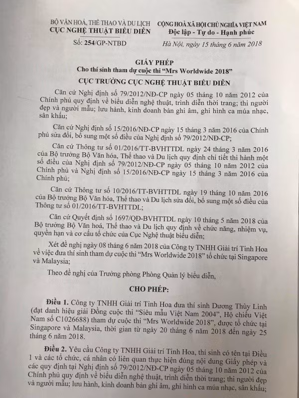 Ngày 15/6 vừa qua, Cục Nghệ thuật Biểu diễn đã cấp giấy phép cho Hoa hậu thân thiện Dương Thùy Linh tham dự cuộc thi Mrs Worldwide 2018 (Hoa hậu Phụ nữ Toàn thế giới 2018), diễn ra tại Singapore và Malaysia từ ngày 20/6 đến 24/6. Đây là lần đầu tiên Việt Nam có đại diện tranh tài tại sân chơi nhan sắc dành cho các quý bà này.
