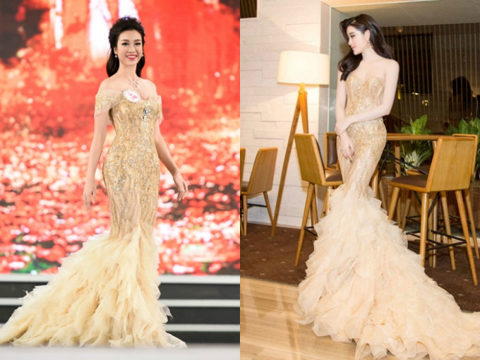 Trong đêm chung kết Hoa hậu Việt Nam 2016, Mỹ Linh diện một chiếc váy gần giống với bộ váy Huyền My từng mặc. Điểm khác biệt duy nhất là chiếc váy phiên bản của Mỹ Linh được gắn thêm trang sức đá và phần vai choàng để tăng thêm sự nổi bật. Đỗ Mỹ Linh nhiều lần - 1