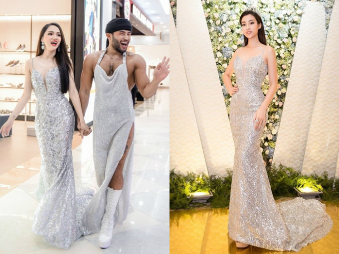 Chiếc váy của nhà thiết kế Chung Thanh Phong tôn lên vóc dáng hai nàng hoa hậu Hương Giang và Mỹ Linh. Cả hai còn trùng hợp nhau về kiểu tóc suôn thẳng tự nhiên, khoe phần cổ và vai gợi cảm. Đỗ Mỹ Linh nhiều lần - 4