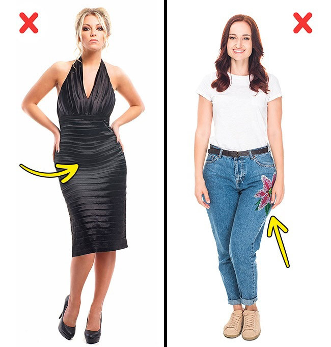2. Tránh nhấn mạnh nhược điểm cơ thể Nếu bạn có vòng eo không mấy nhỏ nhắn, hãy ưu tiên thiết kế peplum hoặc xếp nếp khéo léo thay vì váy bó lộ bụng. Còn trường hợp đùi to, đừng diện quần có túi nổi hay họa tiết bắt mắt ở khu vực bạn muốn giấu đi. 6 mẹo thời trang giúp bạn trông thon gọn hơn - 2