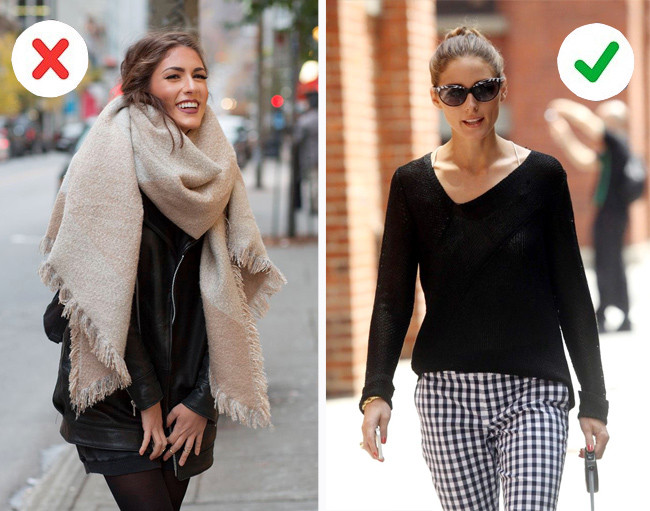 5. Không dùng khăn quá khổ Khăn bản lớn và dày sẽ che lấp phần cổ, làm bạn trông nặng nề. Ngược lại, những mẫu áo cổ chữ V giúp chủ nhân mảnh mai hơn. 6 mẹo thời trang giúp bạn trông thon gọn hơn - 5