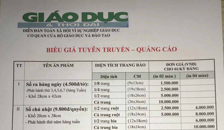 Báo giá quảng cáo trên các ấn phẩm báo in báo Giáo dục và Thời đại 