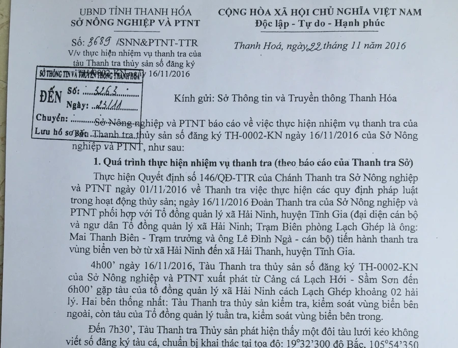 Văn bản của Sở Nông nghiệp và Phát triển Nông thôn Thanh Hóa báo cáo về sự việc