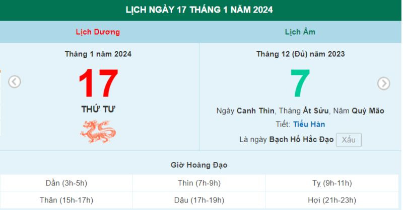 Lịch âm hôm nay - Xem lịch âm ngày 17/1