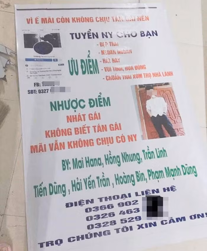 Một nhóm bạn đã gom tiền thiết kế hẳn một banner màu sắc sinh động, đầy đủ thông tin để tuyển bạn gái cho bạn thân