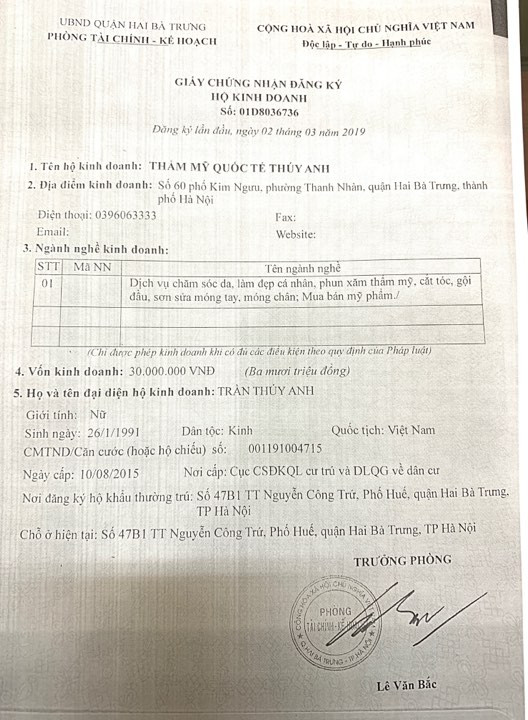 Giấy đăng ký kinh doanh của TMV Quốc tế Thúy Anh. Giấy đăng ký kinh doanh của TMV Quốc tế Thúy Anh.