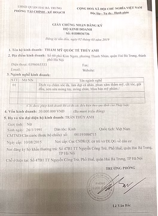 Giấy đăng ký kinh doanh của TMV Quốc tế Thúy Anh.