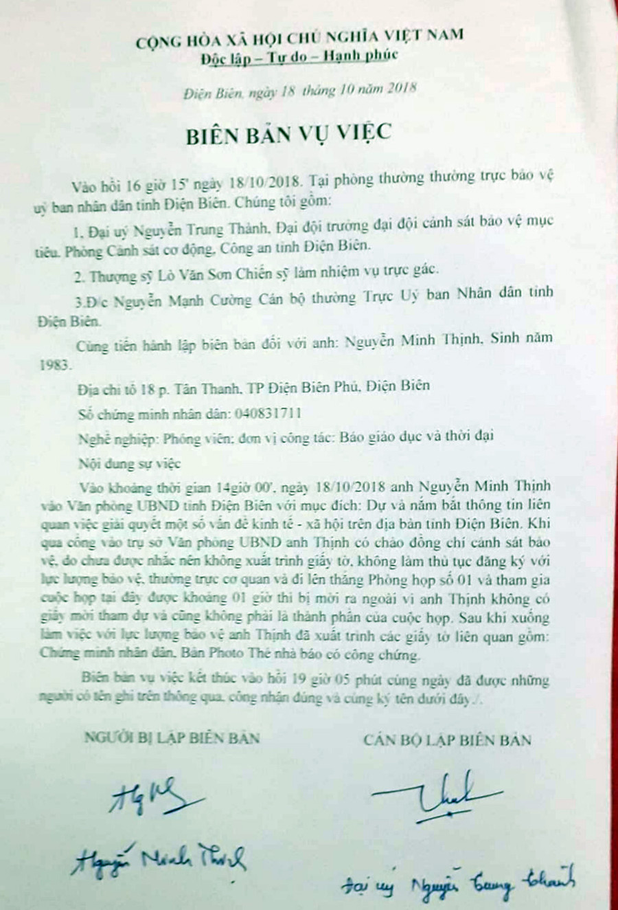Biên bản vụ việc diễn ra hồi cuối năm ngoái cho thấy, Chánh Văn phòng UBND tỉnh Điện Biên bất chấp các quy định của Luật Báo chí Biên bản vụ việc diễn ra hồi cuối năm ngoái cho thấy, Chánh Văn phòng UBND tỉnh Điện Biên bất chấp các quy định của Luật Báo chí