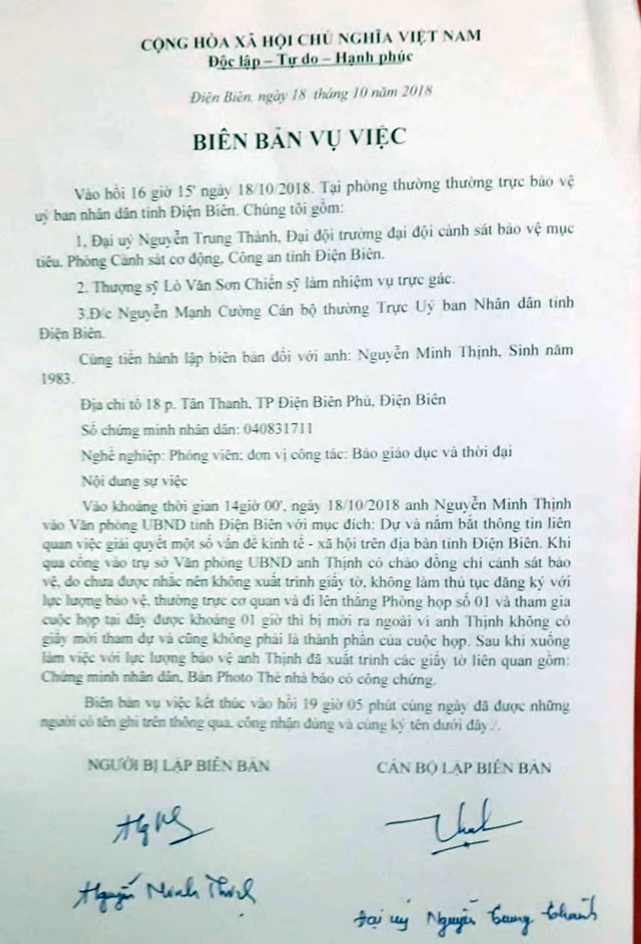 Biên bản vụ việc diễn ra hồi cuối năm ngoái cho thấy, Chánh Văn phòng UBND tỉnh Điện Biên bất chấp các quy định của Luật Báo chí