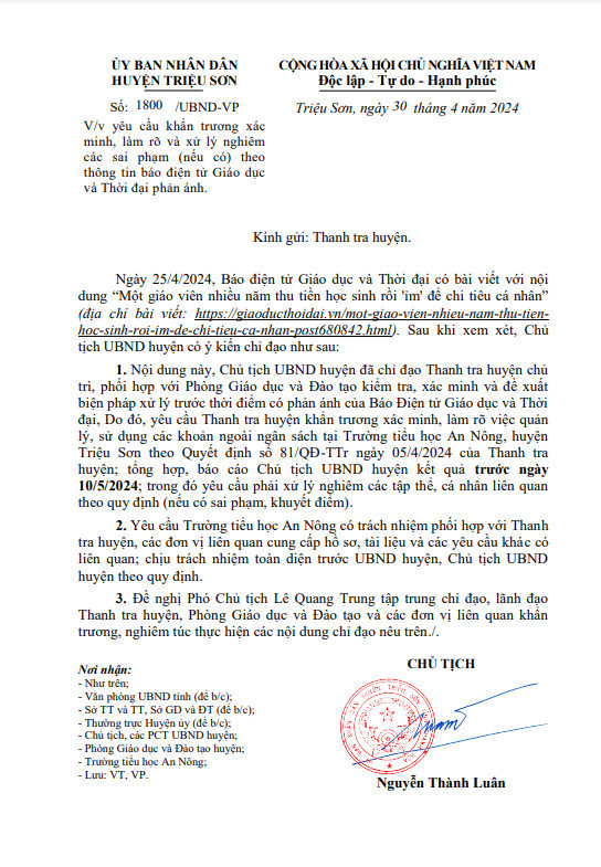 Chủ tịch UBND huyện Triệu Sơn chỉ đạo làm rõ vụ cô giáo "ỉm" tiền của học sinh. Chủ tịch UBND huyện Triệu Sơn chỉ đạo làm rõ vụ cô giáo "ỉm" tiền của học sinh.