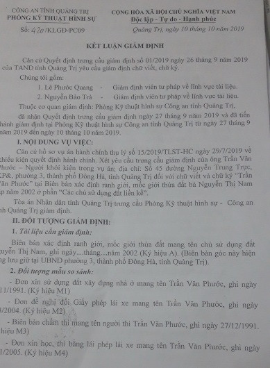 Bản giám định của Phòng Kỹ thuật hình sự-Công an tỉnh Quảng Trị