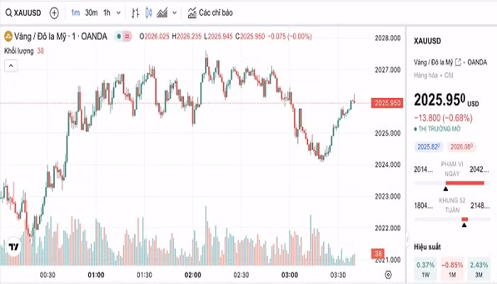 Biểu đồ biến động giá vàng trong 24 giờ qua