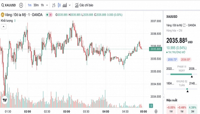 Biểu đồ biến động giá vàng trong 24 giờ qua
