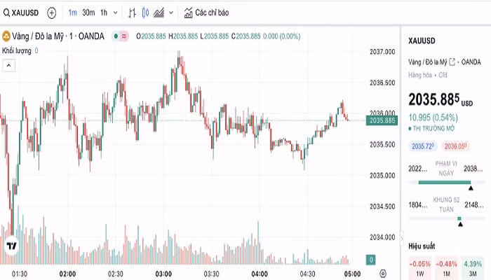 Biểu đồ biến động giá vàng trong 24 giờ qua