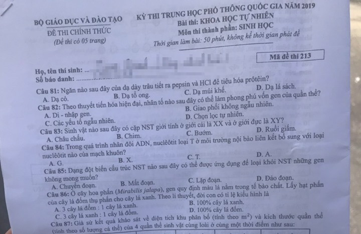 Lời giải môn Sinh kỳ thi THPT quốc gia 2019