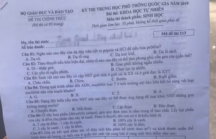 Lời giải môn Sinh kỳ thi THPT quốc gia 2019