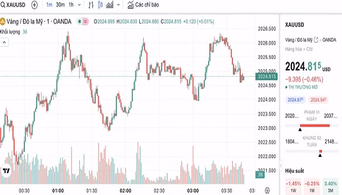 Biểu đồ biến động giá vàng trong 24 giờ qua