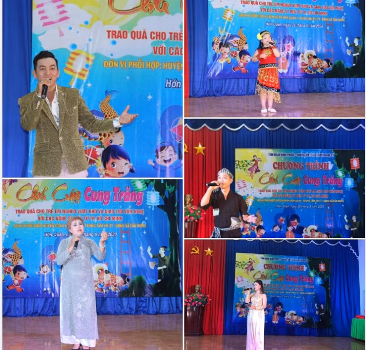 Các ca sĩ đến từ TP. HCM đã hát nhiều bài hát tặng trẻ em xã Tân Hưng, huyện Hớn Quản, tỉnh Bình Phước tại chương trình “Chú Cuội Cung Trăng”.