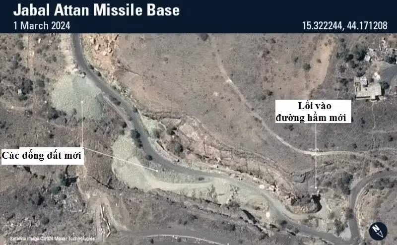 Ảnh vệ tinh ngày 01/3/2024 cho thấy Houthi xây dựng các cơ sở ngầm tại căn cứ tên lửa Jabal Attan