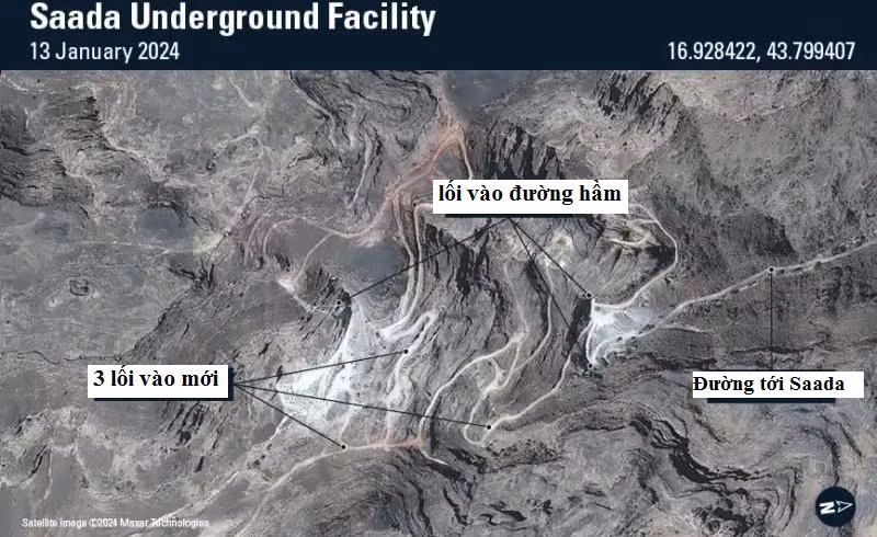 Ảnh vệ tinh ngày 13/01/2024 cho thấy Houthi đã mở thêm 3 lối vào đường hầm mới ở căn cứ ngầm Saada