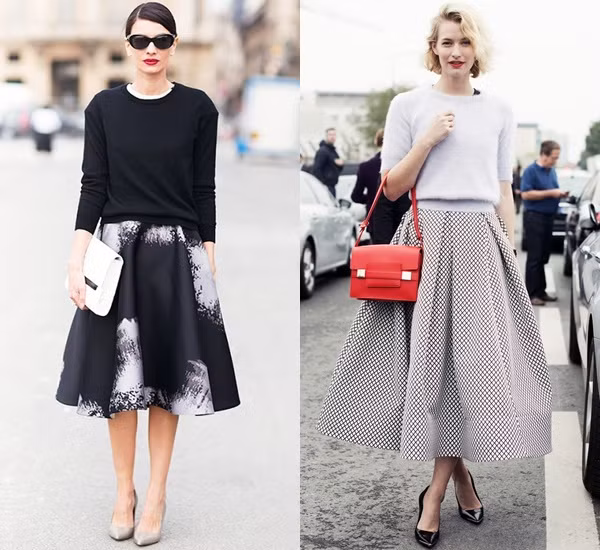 4. Kết hợp chân váy xòe duyên dáng Không cần quá cầu kỳ, một cô gái vẫn có thể ghi điểm nhờ công thức phối đồ đơn giản, gồm áo len cổ tròn đơn sắc và chân váy xòe điệu đà. Đây cũng là xu hướng mà giới văn phòng say đắm bởi tôn được vẻ yêu kiều, nữ tính. 9-tuyet-chieu-mix-ao-len-co-tron-ngay-lanh-3