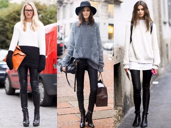 5. Phối với quần da ấm áp Đây là phiên bản nâng cấp của công thức áo len cổ tròn và quần jeans, giúp người mặc trở nên thời thượng hơn thay vì vẻ cổ điển. Bên cạnh đó, cặp chất liệu len và da còn có khả năng giữ ấm tốt, phù hợp cho những buổi dạo phố mùa lạnh của các nàng. 9-tuyet-chieu-mix-ao-len-co-tron-ngay-lanh-4