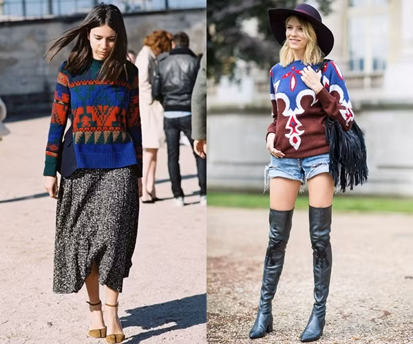 9. Ngẫu hứng với họa tiết Một chiếc sweater có màu trầm, hoa văn mang cảm hứng retro kết hợp với chân váy midi là gợi ý cho nàng mê phong cách cổ điển. Nếu cá tính hơn, bạn có thể thử bộ đôi sweater họa tiết và quần short jeans, mix bốt da cao cổ để tăng nét phóng khoáng, gợi cảm. 9-tuyet-chieu-mix-ao-len-co-tron-ngay-lanh-8