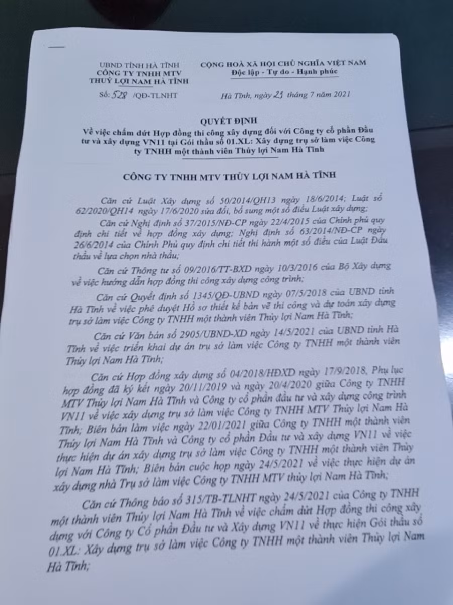 Quyết định chấm dứt hợp đồng đối với Công ty Cổ phần Đầu tư và xây dựng VN11.