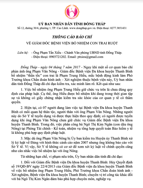 UBND tỉnh Đồng Tháp ra Thông cáo báo chí về vụ việc.