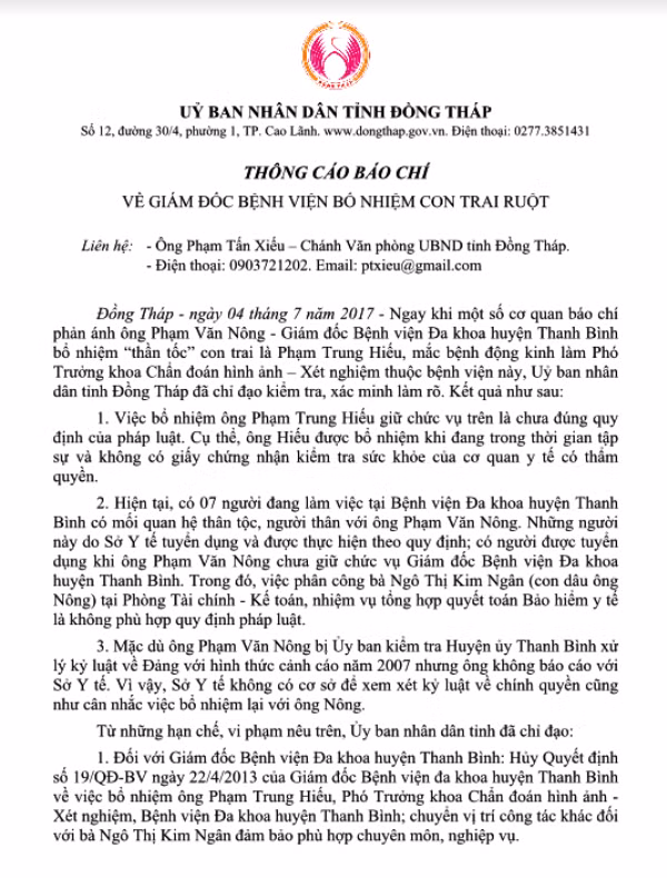 UBND tỉnh Đồng Tháp ra Thông cáo báo chí về vụ việc.