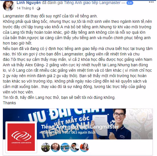 Cảm nhận của học viên theo học tại Trung tâm tiếng Anh giao tiếp Langmaster
