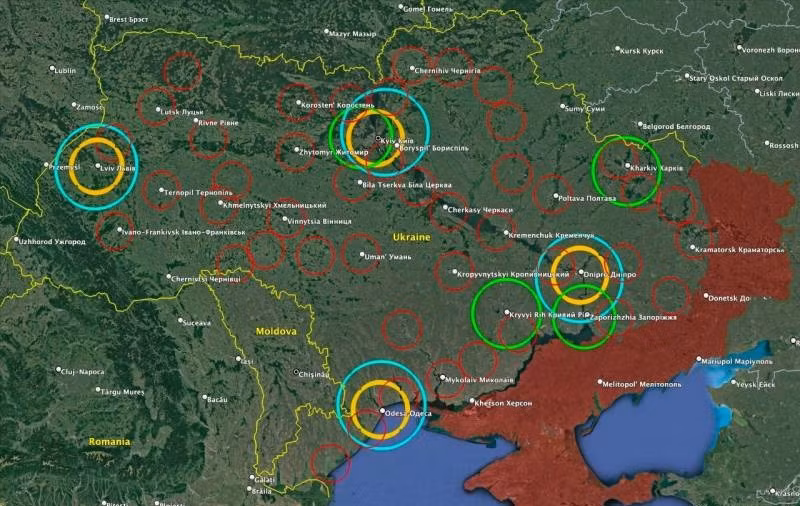 Bản đồ bao phủ của hệ thống phòng không quốc gia Ukraine