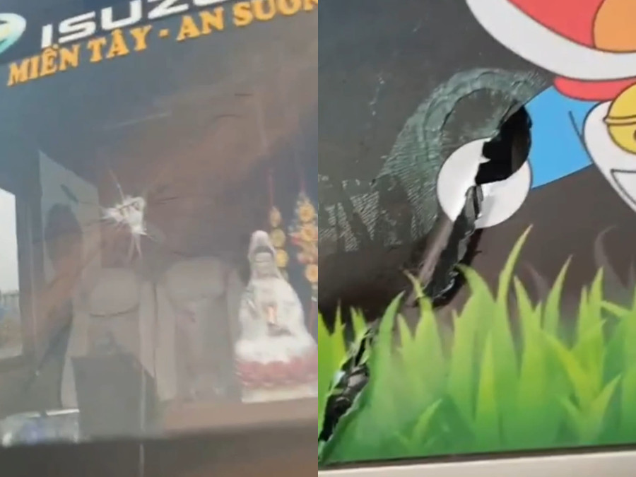 Xe khách bị đập phá gây hư hỏng tài sản.