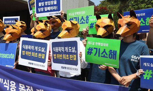 Các nhà hoạt động biểu tình bên ngoài một tòa án tại Seoul, Hàn Quốc hồi tháng 6/2018 nhằm kêu gọi cấm giết chó để làm thịt. Ảnh: AFP.