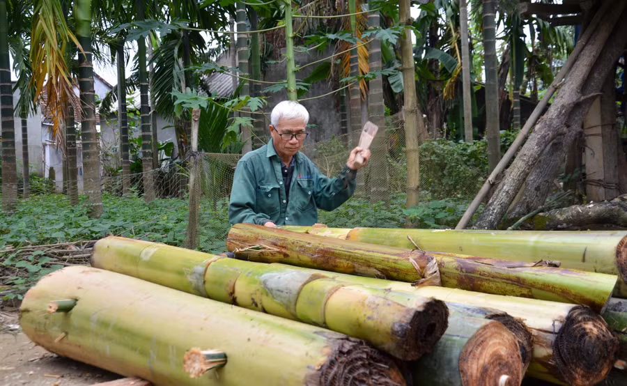 Với 50 con gà cùng 10 con lợn ông Dũng dự tính phải kết 2 chiếc bè, mỗi bè từ 12-18 thân chuối.