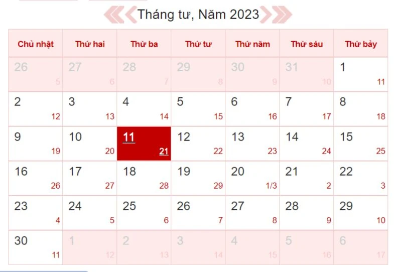 Xem lịch âm ngày 11/4/2023