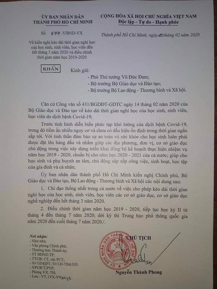 Công văn mới nhất kiến nghị cho học sinh TP.HCM nghỉ học hết tháng 3/2020 của lãnh đạo TP.HCM Công văn mới nhất kiến nghị cho học sinh TP.HCM nghỉ học hết tháng 3/2020 của lãnh đạo TP.HCM