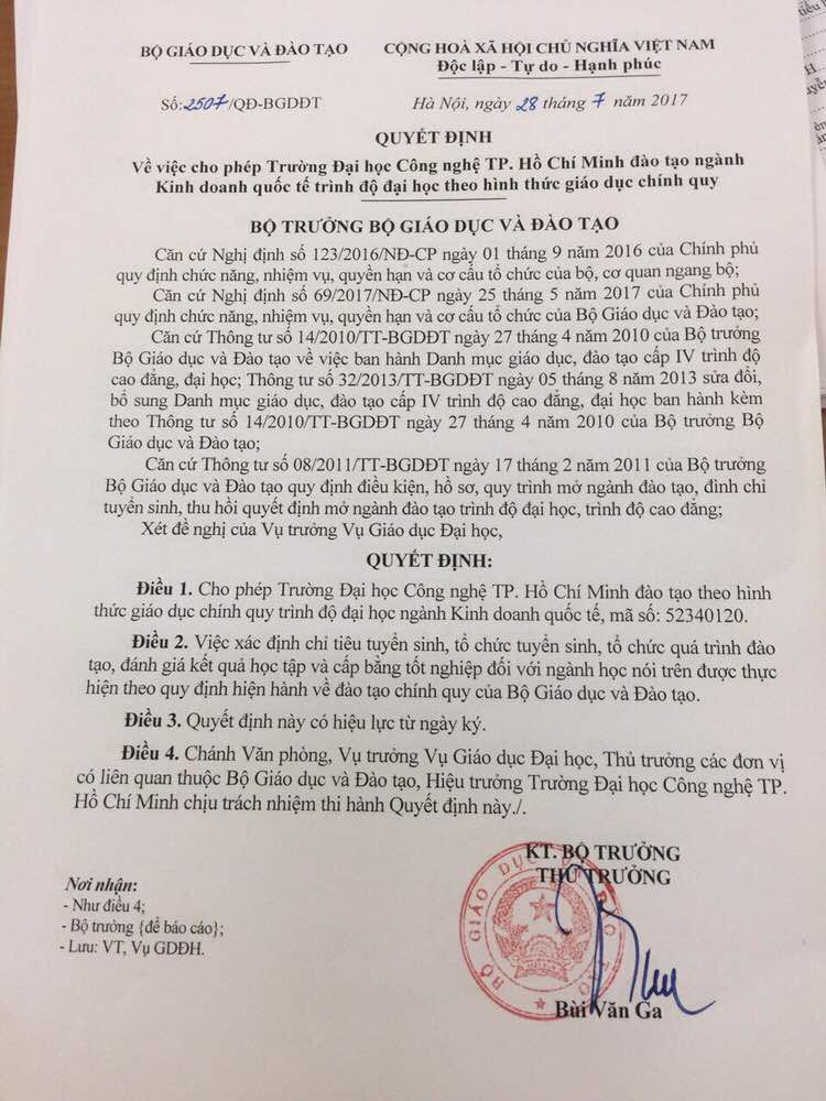 Quyết định của Bộ GD&ĐT cho phép HUTECH tuyển sinh ngành Kinh doanh quốc tế Quyết định của Bộ GD&ĐT cho phép HUTECH tuyển sinh ngành Kinh doanh quốc tế