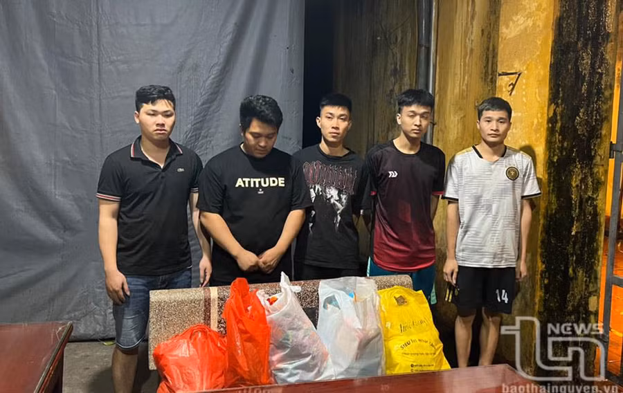 La Thanh An (thứ hai từ trái sang) cùng nhóm đối tượng bị khởi tố về tội “Cướp tài sản”. (Ảnh: Báo Thái Nguyên)