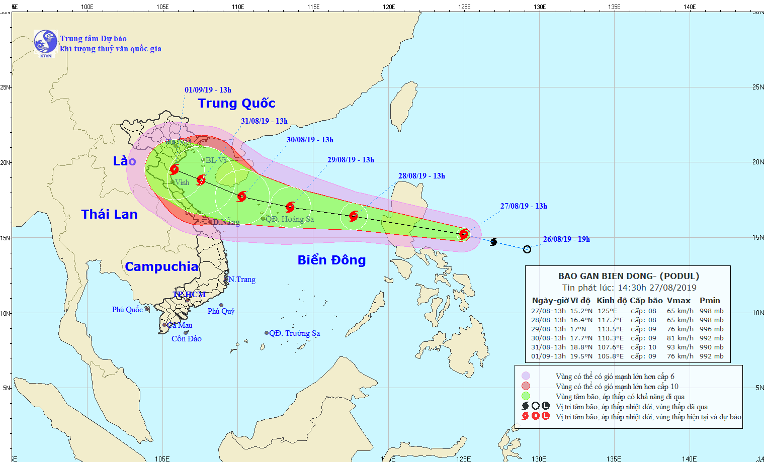 Đường đi của bão Podul vào lúc 13h00 ngày 27/8/2019. Ảnh: KTVN.