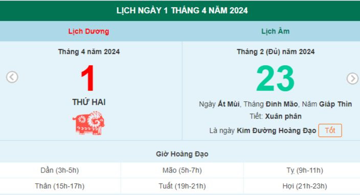 Lịch âm hôm nay - Xem lịch âm ngày 1/4