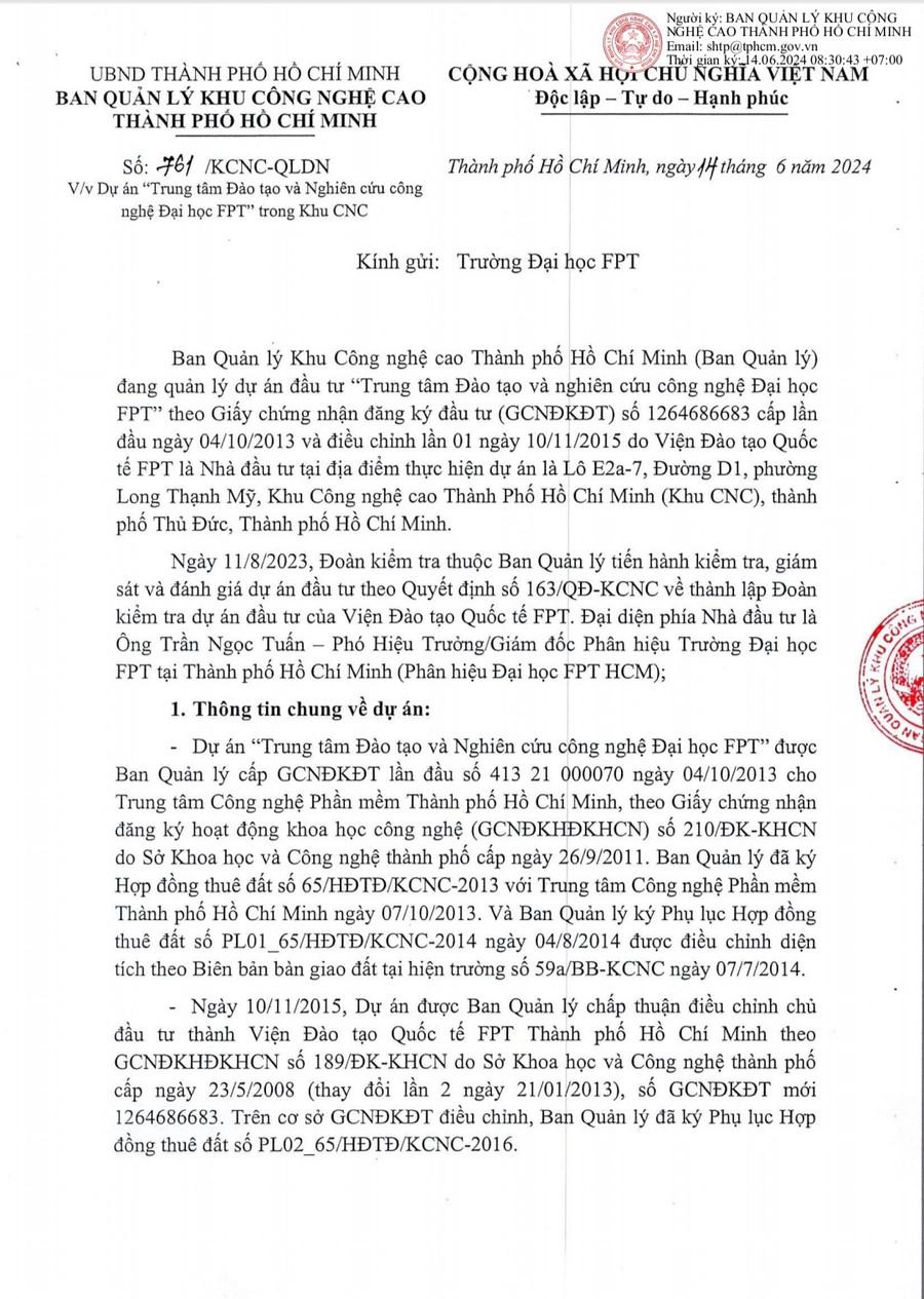 Thông báo của Ban Quản lý Khu Công nghệ cao TPHCM. Ảnh: Quốc Hải Thông báo của Ban Quản lý Khu Công nghệ cao TPHCM. Ảnh: Quốc Hải