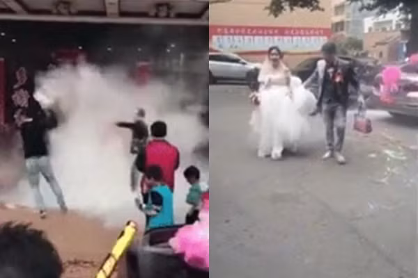 Cô dâu, chú rể bị đổ bột mì trắng xóa.